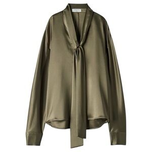 Aritzia Babaton Bloomsbury Hestia Satin Blouse w/Tie Olive Green Sz S